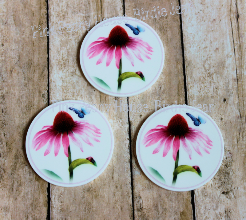 Pink Coneflower Gardening Butterfly Pollinator Planar Resin ( 3 pcs )
