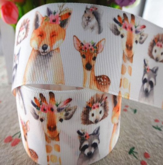 1" Boho Woodland Creatures Animals Gros Grain Ribbon- 1 yard- sold by the yard fox and friends woodland animals creatures wearing halos USDR gros grain ribbon