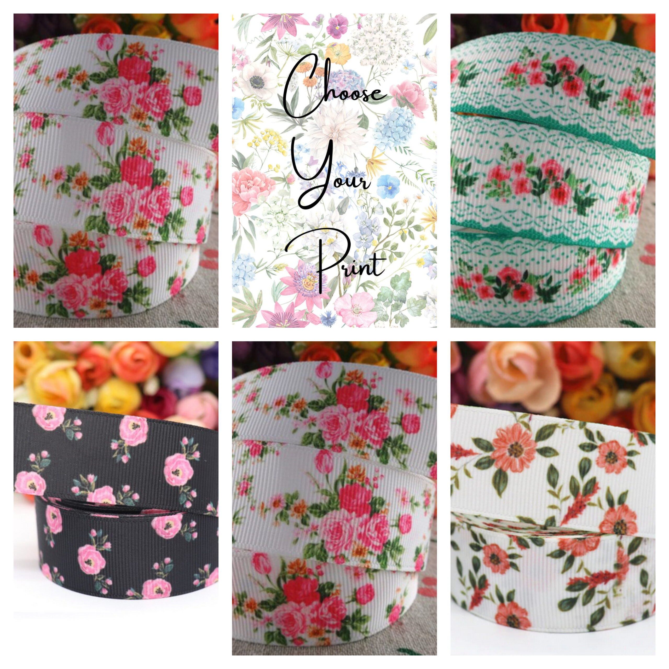 1" Floral Gros Grain Ribbon by the yard - Sold by the Yard