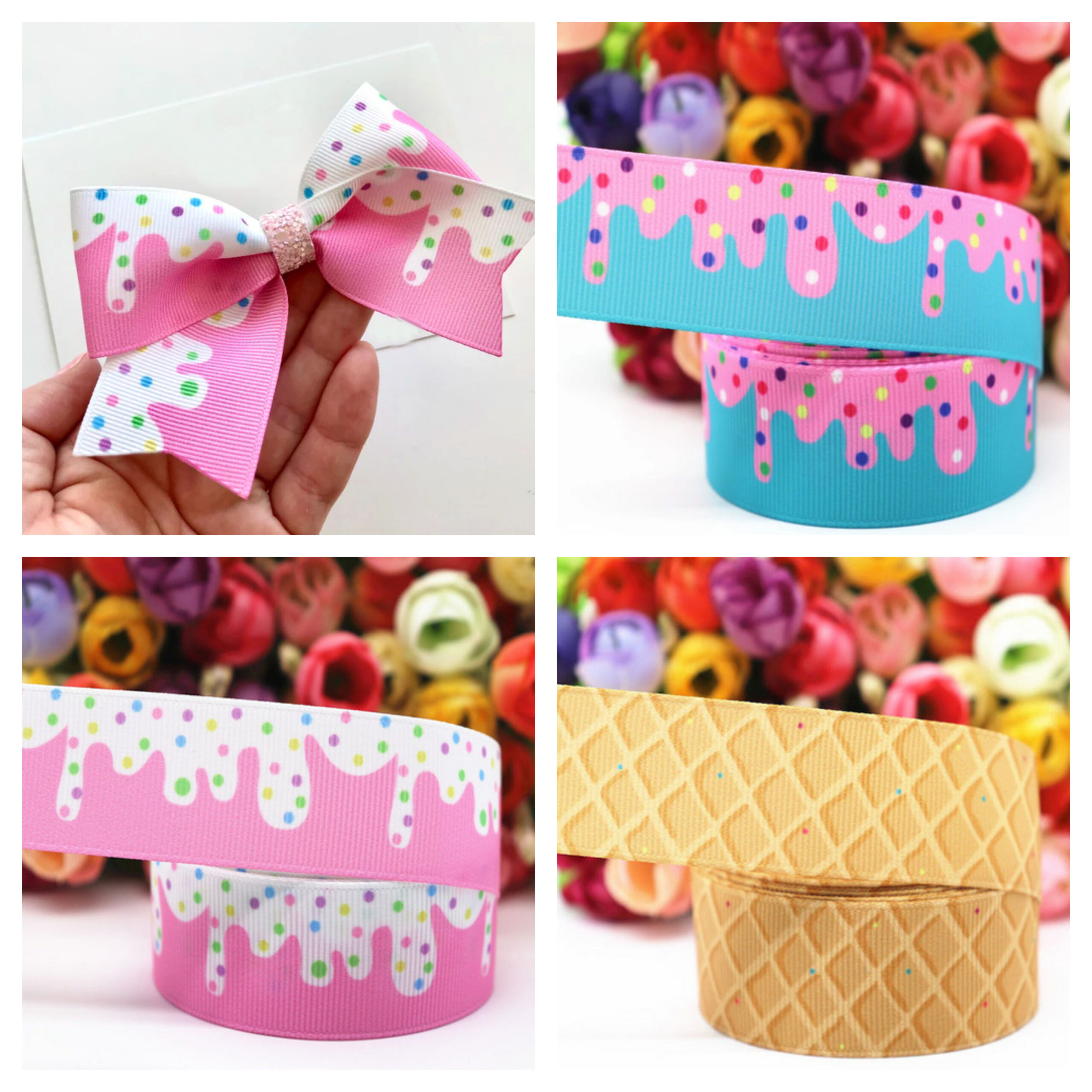 Pink with dripping white ice cream and sprinkles 1" wide gros grain ribbon x 1 yard - sold by the yard -Waffle Cone or Pink or blue with pink dripping ice cream with sprinkles