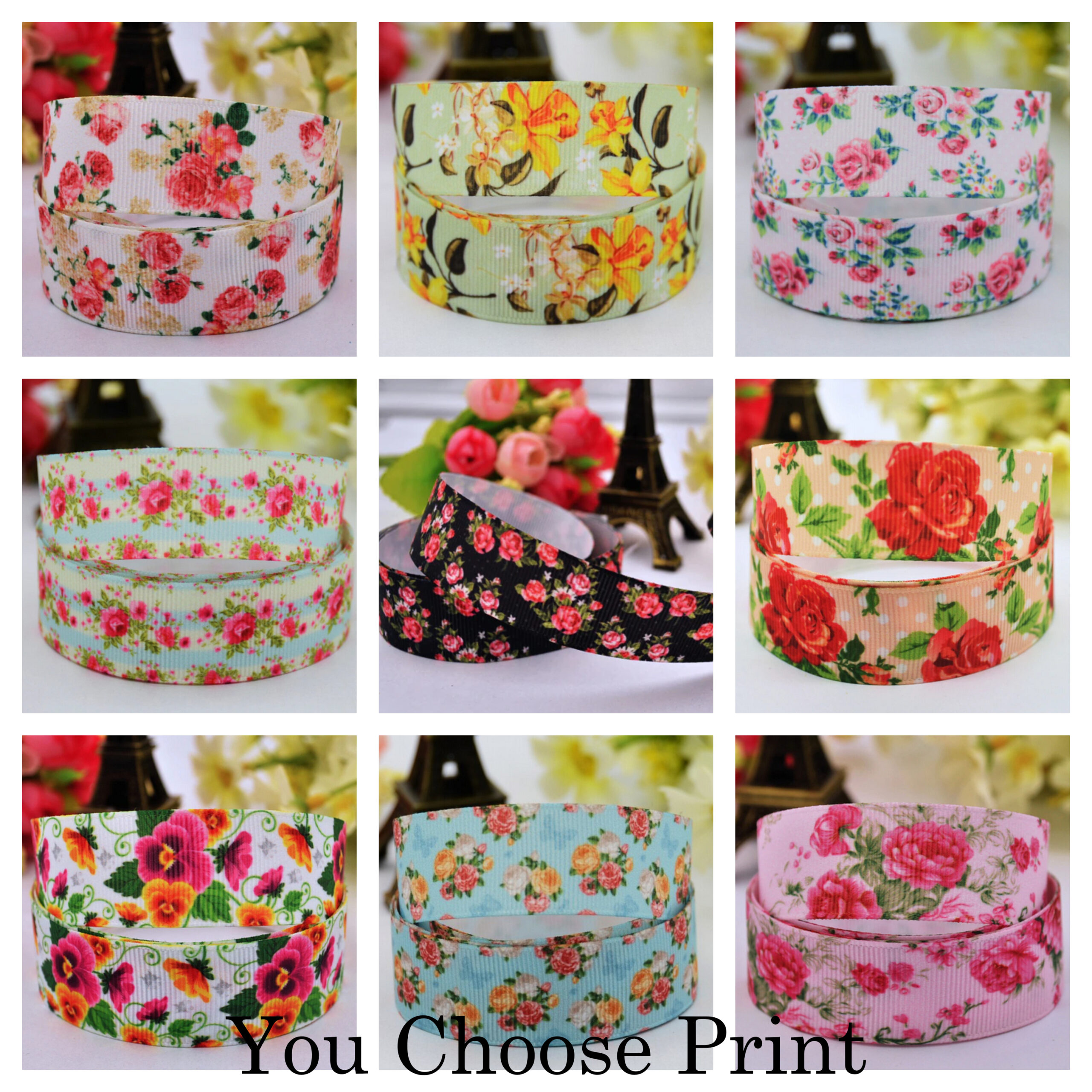 ribbonprint1collage 1" Floral Bouquet Gros Grain Ribbon - 1 yard- sold by the yard - you choose print