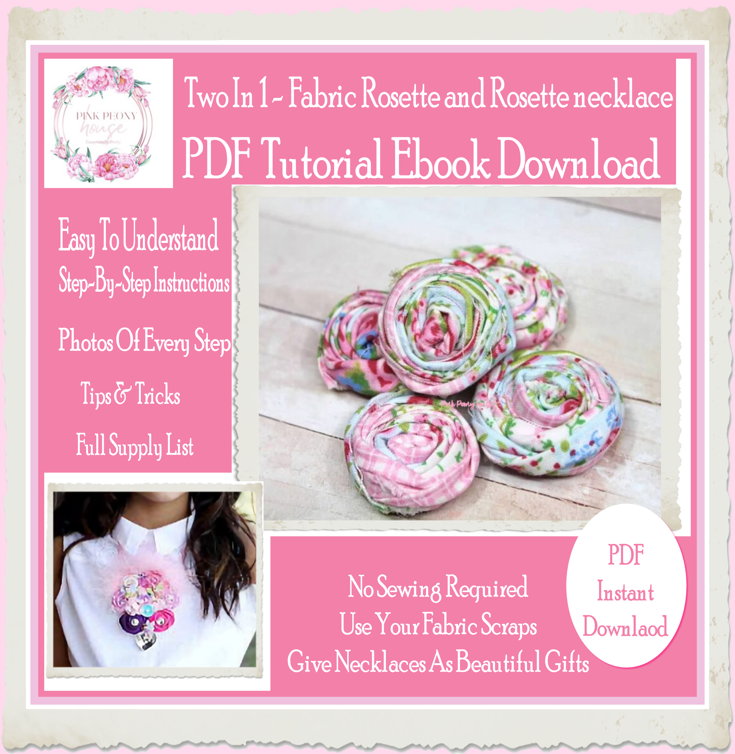 DIY 2 in 1 pdfTutorial Learn to Make Rolled Fabric Rosettes + rosette Necklace Jewelry Digital PDF Download Instructions Ebook