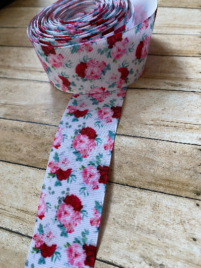 2" Red Rose Floral Gros Grain Ribbon - 1 yard- sold by the yard - hair bow supplies, craft supplies, resins, ribbon, FOE, fold over elastic, feathers, ribbon, gros grain ribbon, bow centers