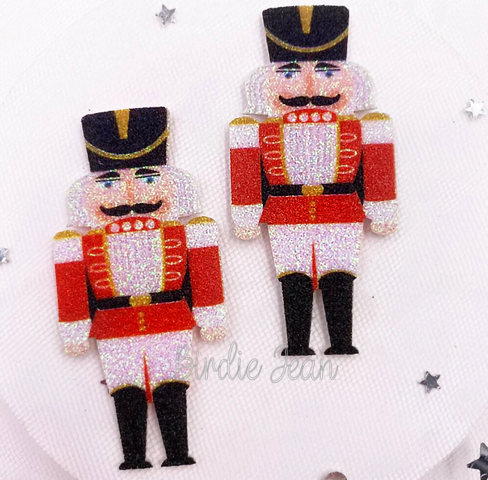 2 Glitter Nutcracker Felties Appliqué use to make hair bows, hair clips, badge reels, Christmas cards, holiday ornaments, Christmas crafts + more. All from a small, US based company, free shipping available